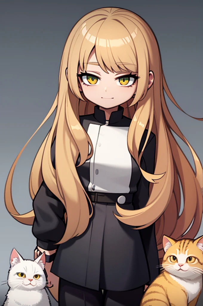 Please draw a high school girl with long brown hair.。Wearing a long-sleeved uniform。Standing with the whole body facing forward。The face is smiling with the mouth closed。Cat eyes and green eye color。Keep your arms down at your sides。Please shoot from the head to the upper body。No pose needed。Plain white background、Remove light and shadow effects。