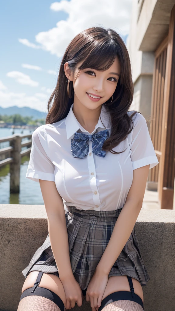 (((Age 25, Japanese-gyaru))), (((Wearing a sexy garter belt))), (On all fours, ), (Large Breasts), (Big Hips), (Sexy pose), (((A seductive smile))), Browsing Caution, Vulgarity, (Very tanned and shiny skin), Fishnet tights, (((Skin Dentition))), photoRealistic, Realistic, alone, photoRealistic, Highest quality, Ultra-high resolution, One girl, Yura S, Outdoor, colorful, Part your lips, Daytime setting, beautiful, masterpiece, Highest quality, Highly detailed face, Perfect lighting, Ultra-high resolution, Super detailed (masterpiece:1.2, Highest quality), (Realistic, photoRealistic:1.4), beautiful illustration, 
View your viewers, whole body, Front view:0.6, 
1 Girl, Japanese, China dress, (Long Hair:1.5), Hair fluttering, (Half Up, Half Updo), bangs, Hair between the eyes, Large Breasts:0.8, 
beautiful hair, beautiful face, beautiful detailed eyes, beautiful clavicle, beautiful body, beautiful chest, beautiful thigh, beautiful legs, beautiful fingers, 
(beautiful scenery), , School,
((Collared short-sleeved shirt, White shirt, , Grey plaid pleated skirt, Blue checked bow tie)), White panties, 
(Are standing, , Lift up your skirt, Grab the hem of the skirt, Place your hand on your chest, Place your hands between your legs), 
blush, ,