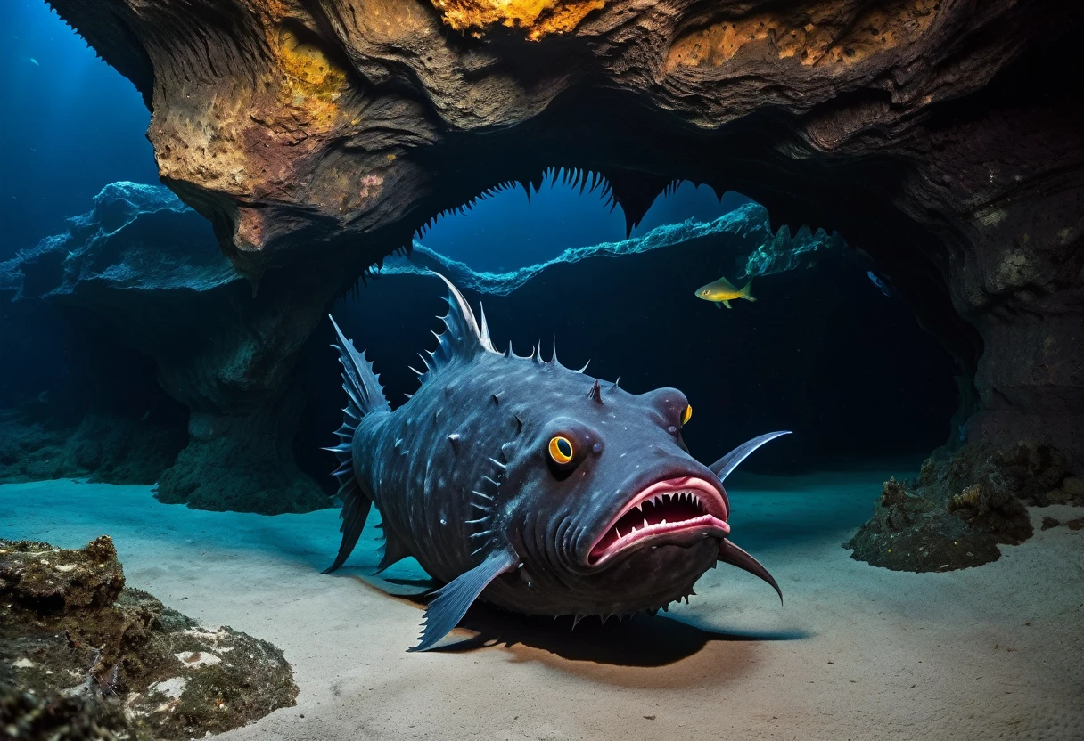 A giant cave-like mimic of an anglerfish、(The anglerfish&#39;s mouth is full of jewels, ornaments and treasures.:1.4)、Treasure hunter divers approaching、Reality、Fantasy、