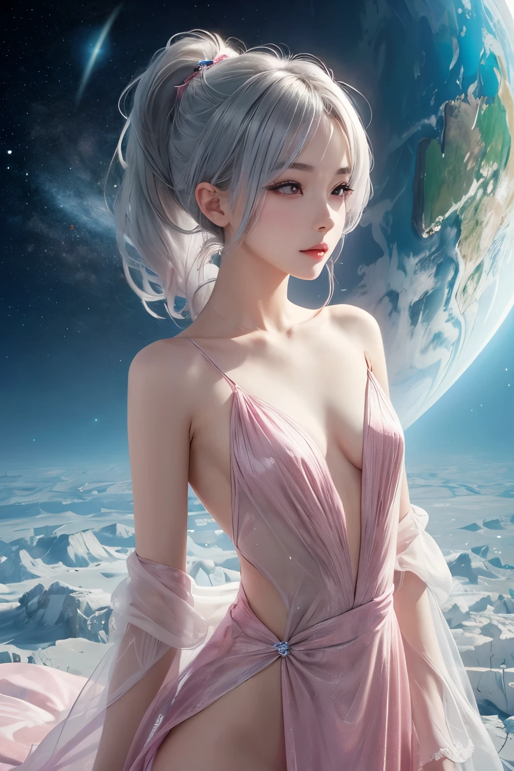 longeyelashes, small Eyes,Ponytail, pink Silver hair, gray colored contact lenses, surrealism, anaglyph, stereograms,  POV, Atmospheric perspective, 32K, Super Detail, ccurate, Best Quality,The shoulders have  skin,Very thin,Very small , Very thin waist,Other Dimensional Planet,A strong-willed beautiful girl,Semi-,The most beautiful face,A beautiful girl,