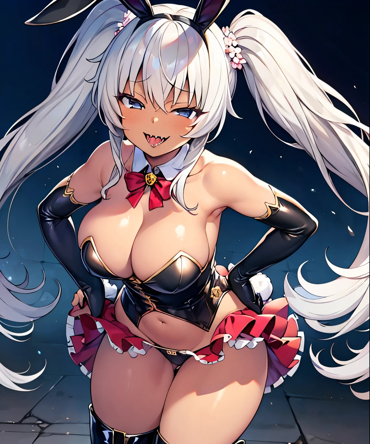 (Front Focus),(In the Dark:1.6), (Masterpiece, of the highest quality, best, Official art, Beautiful and aesthetic:1.2), game cg, Highly detailed and realistic CG, Colorful, Masterpiece, Best Quality, jewel-like eyes, 1girl, solo, (gray hair:1.5), shiny hair, very long straight hair, twintails, slender, skinny legs, magical girl, prity dress, dress, black magical dress, layered mini skirt, panty shot, black pants, magical boots, zettairyouiki, black eyes, empty eyes, bursting breasts, sagging breasts, cleavage, black elbow gloves, latex, smirk, smile, jig eyes, jitome, half-closed eyes, tsurime, from pov, best quality eyes, sharp teeth, tsundere, leaning forward, hands on hip, teasing, smug, open mouth, fangs, tongue out, (Sharp Focus:1.2), big ribbon, cute headdress, luxury boots, dark skin, bunny ears,