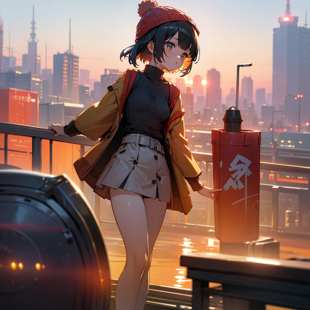 8K ultra-high quality，Super beautiful girl，Short Bob，Long sleeve，Miniskirt Cart，Knitted hat，Small breasts，Tokyo in Autumn，sunset，Longing for someone，