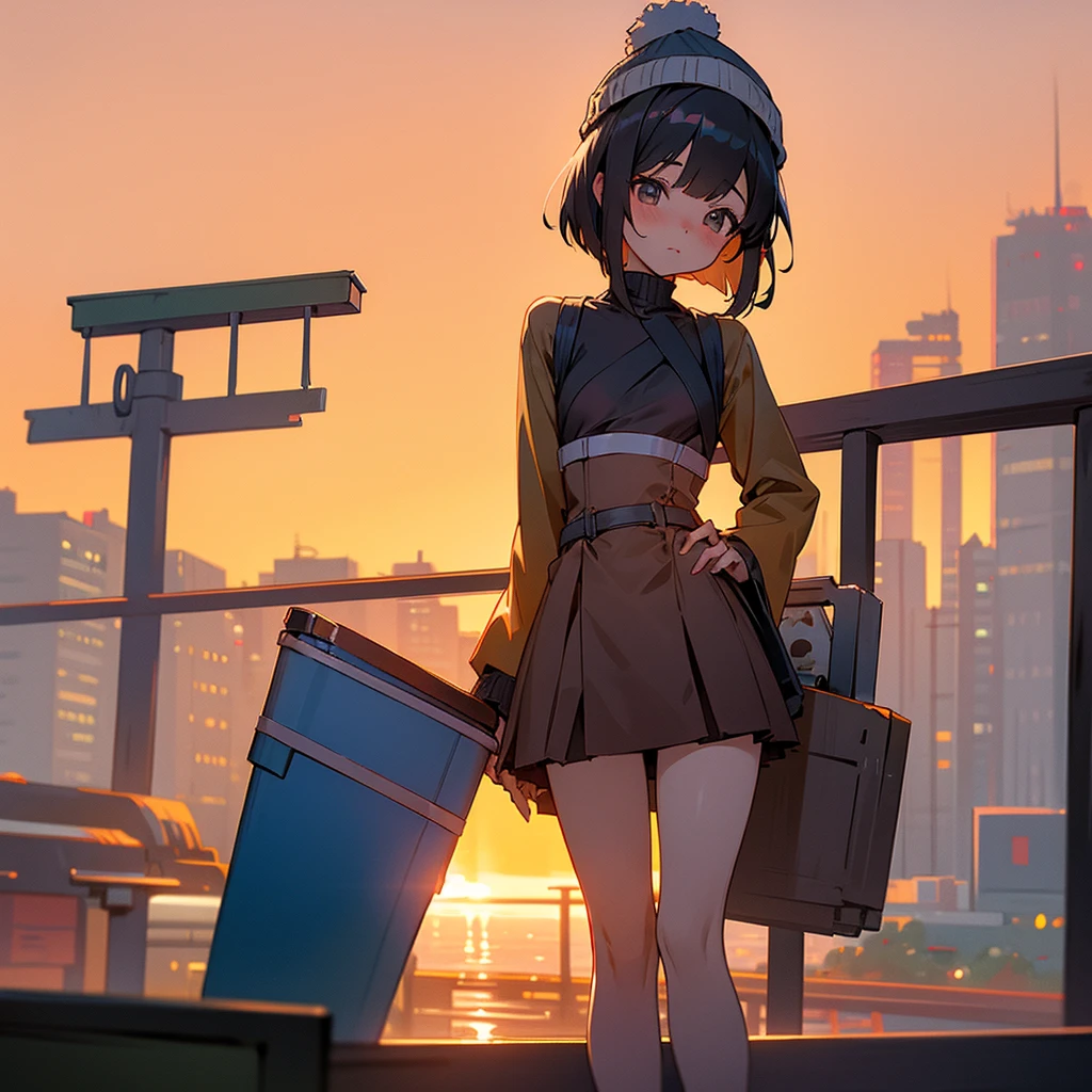 8K ultra-high quality，Super beautiful girl，Short Bob，Long sleeve，Miniskirt Cart，Knitted hat，Small breasts，Tokyo in Autumn，sunset，Longing for someone，