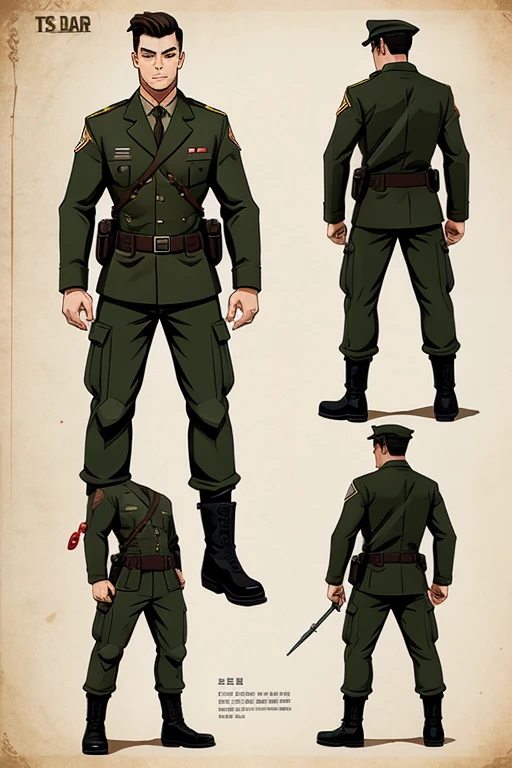 Create a model sheet of a soldier in the style of TB Choi.