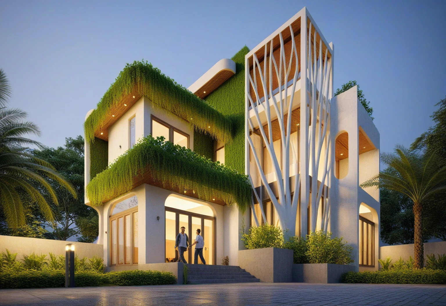 Raw photo,Masterpiece, high quality, best quality, authentic, super detail,
exterior, outdoors, house style tropical villa, glass windows, gate, wooden ceiling, white house, people, animal, ((night))
road,pavement, grass, trees, sky, cloud, (dawn:1.1), vivid colour, background forest