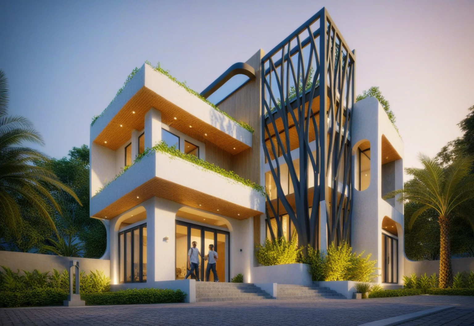 Raw photo,Masterpiece, high quality, best quality, authentic, super detail,
exterior, outdoors, house style tropical villa, glass windows, gate, wooden ceiling, white house, people, animal, ((night))
road,pavement, grass, trees, sky, cloud, (dawn:1.1), vivid colour, background forest