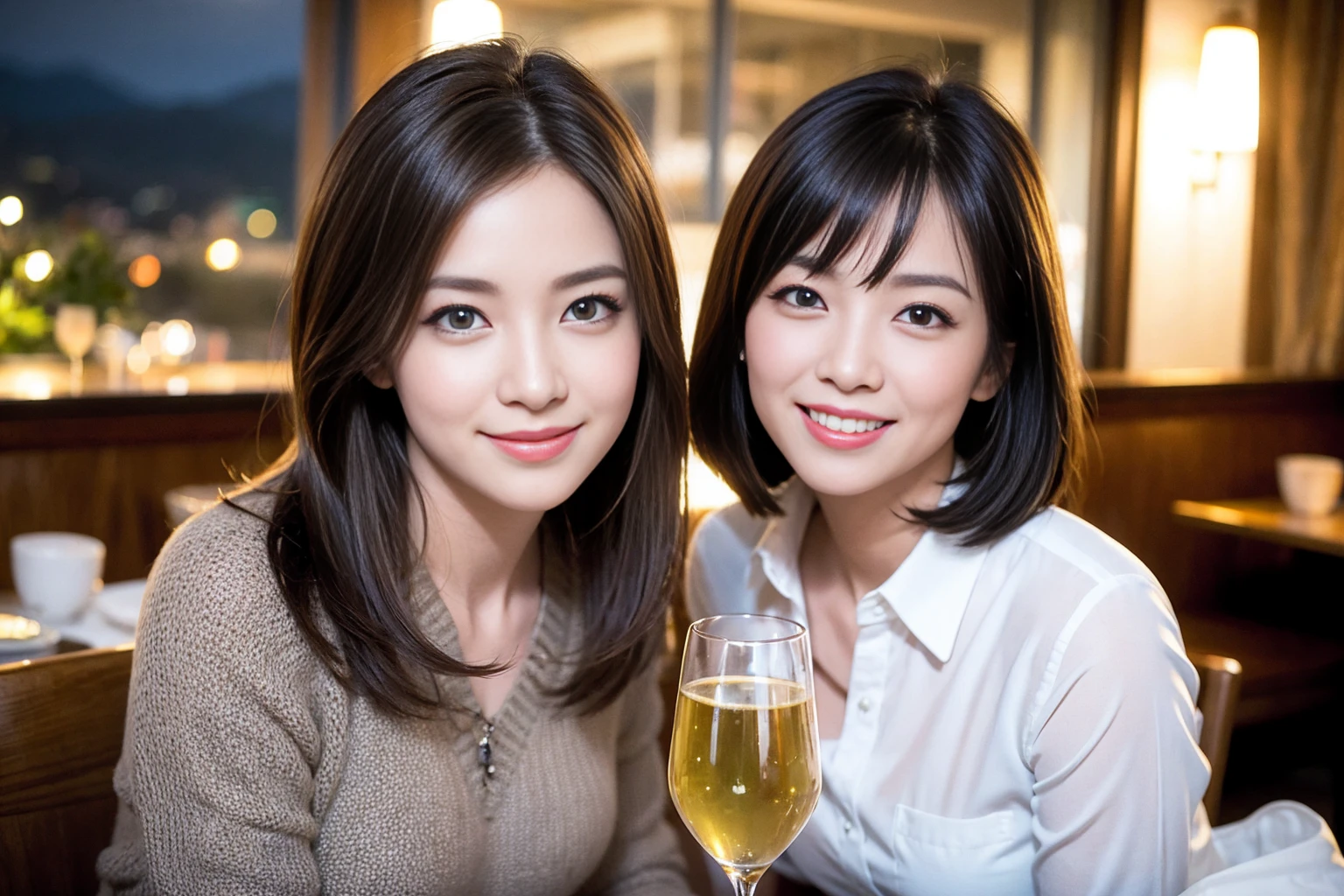 ((Highest quality、8K、masterpiece:1.3))、1 male、1 female、Half Couple、spouse、Brown Hair Couple、The body is slim、((Bob Hale、Straight hair:1.2)), (Realistic, Intricate details:1.2), テーブルの上のwine glass、Shine light on your face、 Amazing view of the sunset sky and clouds、Amazing mountain views、A bright smile、The wonderfulness of smile、Bright image、The beauty of wine, Beautiful Face, blue eyes, The light shines on your face, Blushing, short hair,Bright Face、 (Age 37), 39 years old, red wine 、Appetizers、Italian food、Wine bottle、Champagne、sparkling wine、Two beauties、Brown Hair、Shortcuts、Long sleeve shirt、dress、Beautiful woman 1, (slimな顔), (The body is slim), (Brown Hair), (Shortcuts), cheeks turn a little red,Attractive beauty、restaurant, In a prominent place (From the waist up) Nova Frog Style, actress, model, Upper Body, White wine, slim, wine glass, A wine glass placed in the center, smile, (smile: 1.15), Beautiful fine grain, Depth f/2,saturation, High Contrast, Strong light and shadow,Moist Body:1.5、3D texture、Delicate eyes、Brown Hair、The hair is very shiny、