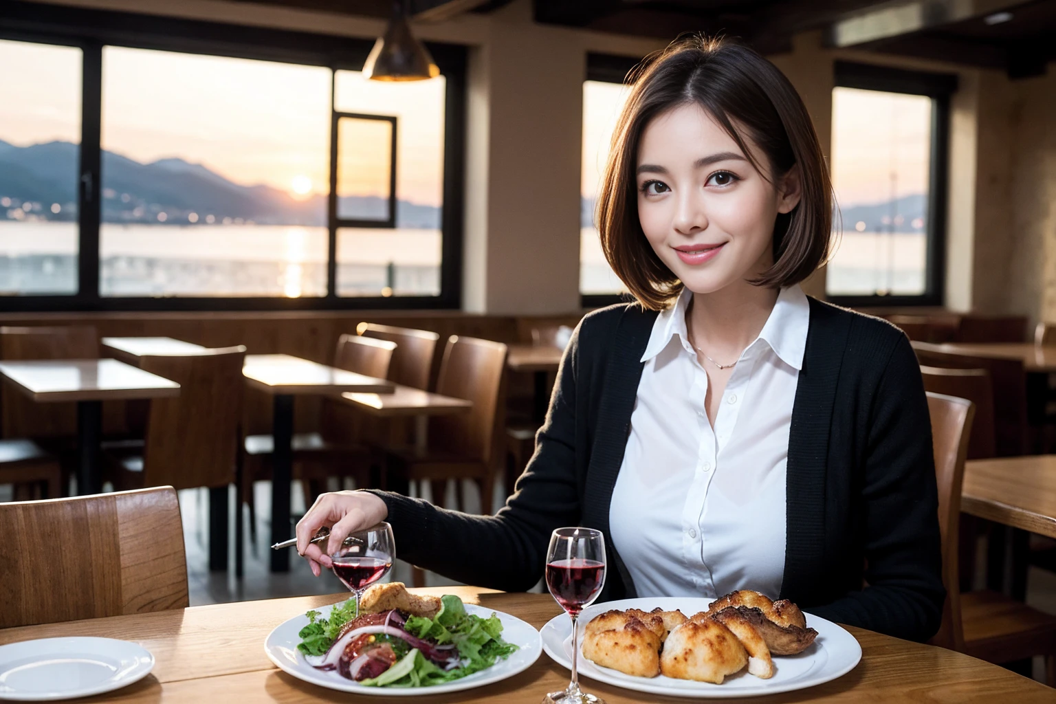 ((Highest quality、8K、masterpiece:1.3))、1 male、1 female、Half Couple、spouse、Brown Hair Couple、The body is slim、((Bob Hale、Straight hair:1.2)), (Realistic, Intricate details:1.2), テーブルの上のwine glass、Shine light on your face、 Amazing view of the sunset sky and clouds、Amazing mountain views、A bright smile、The wonderfulness of smile、Bright image、The beauty of wine, Beautiful Face, blue eyes, The light shines on your face, Blushing, short hair,Bright Face、 (7), 39 years old, red wine 、Appetizers、Italian food、Wine bottle、Champagne、sparkling wine、Two beauties、Brown Hair、Shortcuts、Long sleeve shirt、dress、Beautiful woman 1, (slimな顔), (The body is slim), (Brown Hair), (Shortcuts), cheeks turn a little red,Attractive beauty、restaurant, In a prominent place (From the waist up) Nova Frog Style, actress, model, Upper Body, White wine, slim, wine glass, A wine glass placed in the center, smile, (smile: 1.15), Beautiful fine grain, Depth f/2,saturation, High Contrast, Strong light and shadow,Moist Body:1.5、3D texture、Delicate eyes、Brown Hair、The hair is very shiny、