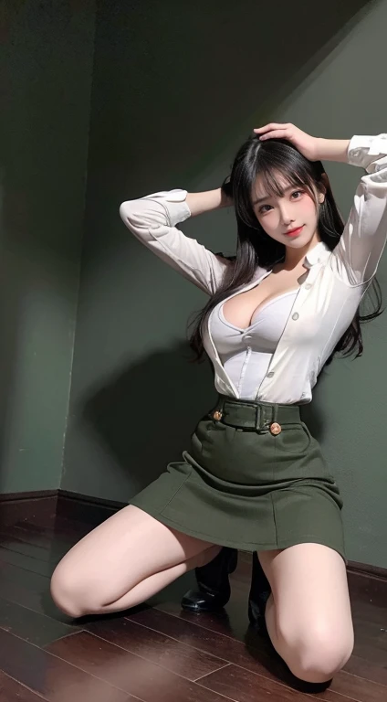 Typical and detailed CG Unity 8K wallpaper，（masterpiece），（Best Character Detail：1.36），Nikon D750F / 1.4 55 mm，original photo，Professional lighting， Physically Based Rendering, 1 busty girl, Female Soldiers，(Dark green military uniform，(Dark green military uniform，Open clothes，See cleavage)，Business suite，Fabric texture military uniform, Perfect military calm)，(Wear a plain white shirt under your jacket:1.25)，(Black Tie)，(Military cap，Short skirt，High heel，Full body view，Kneel on one leg:Put your hands behind your head，(Have a delicate face:1.2):0.2]:，Pure love face_v1，(Huge breasts 1.55),(),(Loafers：1.45),(Put your hands behind your head:1.55),(I look up from below:1.55)，Large Breasts，Thin waist，Loyal Maid，Obey everything,Very obedient，付出型性格和Likeable的个性，Obedient personality、Likeable，Absolute obedience，Absolute obedience，Willing to give everything，With a confident smile，wait