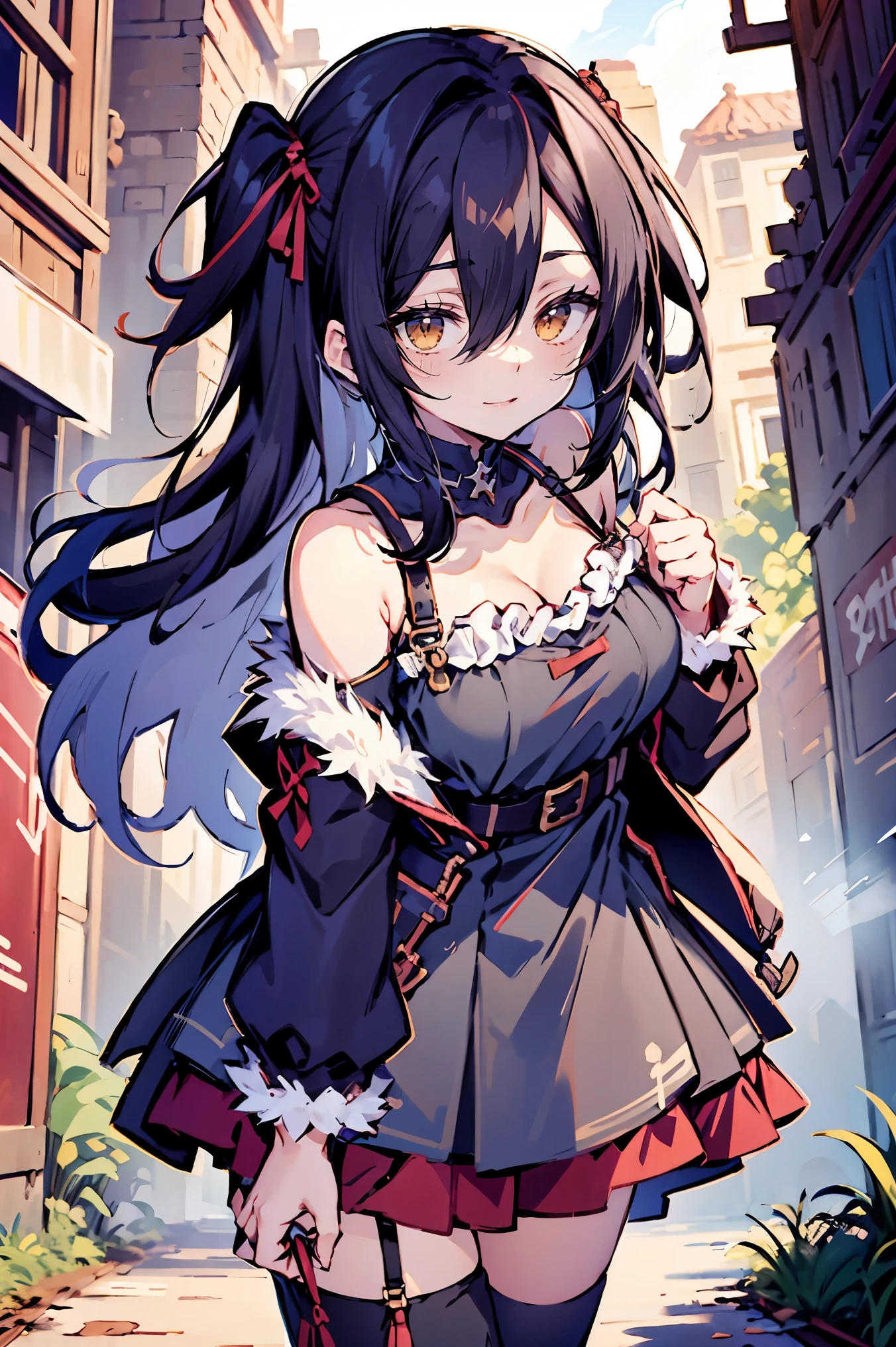 (hui xiyi:1.05), rekkyo sensen, rekkyou sensen, character design with((black hair, tits cleavage, waving, breasts close up, suspenders, (dress:1.2), blue clothes, swept bangs, belt, (frill camisole dress:1.25), knit sweater, exposed breasts, straps, ribbon, fur clothes, long hair, (one side up:1.2), nun, long sleeves, white legwear, (single legwear:1.1), perfect hands, perfect fingers)), (fantasy world:1.2), (garden:1.15), (castle:1.15)