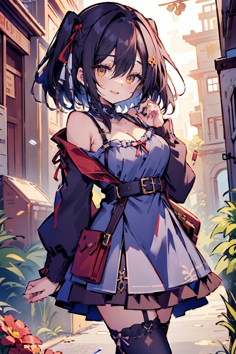 (hui xiyi:1.05), rekkyo sensen, rekkyou sensen, character design with((black hair, tits cleavage, waving, breasts close up, suspenders, (dress:1.2), blue clothes, swept bangs, belt, (frill camisole dress:1.25), knit sweater, exposed breasts, straps, ribbon, fur clothes, long hair, (one side up:1.2), nun, long sleeves, (white legwear:1.2), (single legwear:1.1), perfect hands, perfect fingers)), (fantasy world:1.2), (garden:1.15), (castle:1.15)