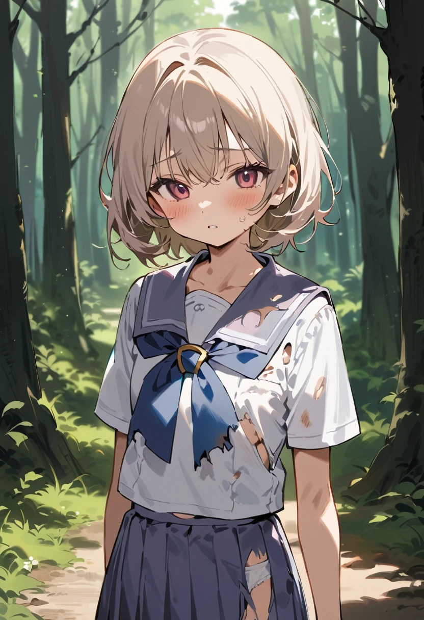 beautiful detailed girl,(masterpiece,best quality,extremely detailed:1.2),((cowboy shot:1.1)),(solo,,kawaii,slender,small breasts:1.25),(pained look:0.8),((white underwear) in ((Torn school uniform)):2),(dirty:2),blush,shy,weep,standing,(deep forest:1.5),(hug:0.4),rating: general, newest,Sexy face,(primitive:1.1)