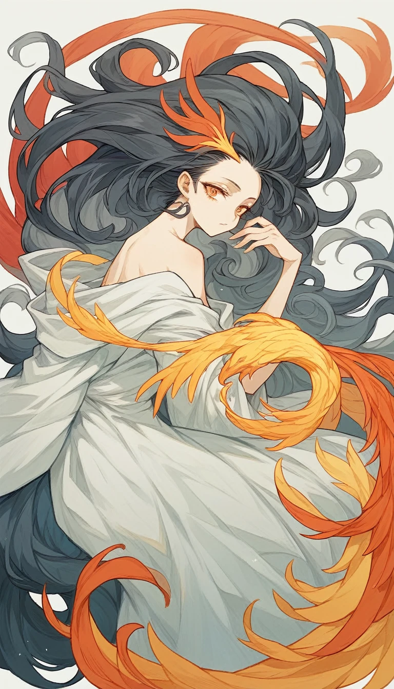 A mysterious, dark-themed anime-style female character inspired by a phoenix, appealing to fans of chuunibyou. She has ink splashes and swirling patterns of ink around her. The color palette consists of black, white, gray, and red. Her expression is enigmatic and alluring, emphasizing her mystical aura. She has long, flowing hair and phoenix-like features. The image is in a 9:16 aspect ratio, highlighting her elongated and elegant figure surrounded by dynamic ink effects. She does not carry any weapons.