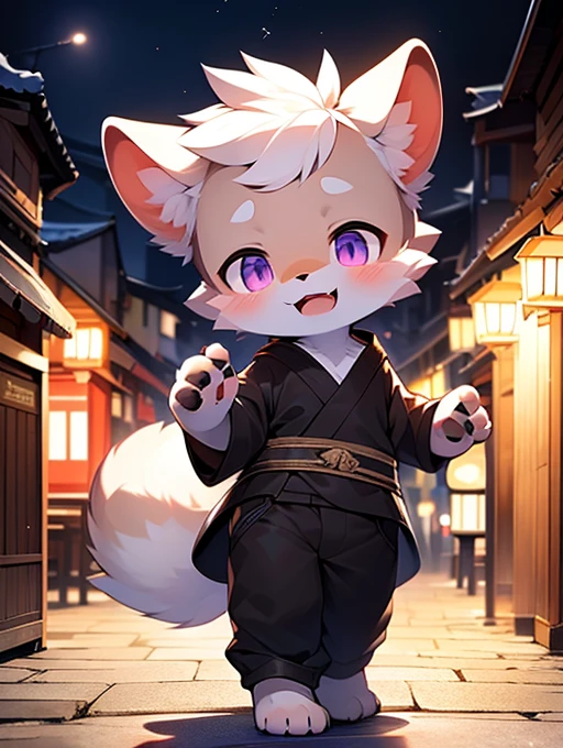 Civet cat, Little Boy, cute, (alone), (((Has brown and white fur))), Big purple eyes, Blushing, smile, Open your mouth, walking, night, Ancient Asian cities, bright street lights, Blue and black slate road, Empty Streets, Starry Sky, Shadow, Detailed facial depiction, ((Accurate hand drawing)), レンブラントの光とShadow, Ultra-fine，Completely naked，Naked，Naked，Lie，Spread your legs and point your crotch，Embarrassing，Embarrassing表情，