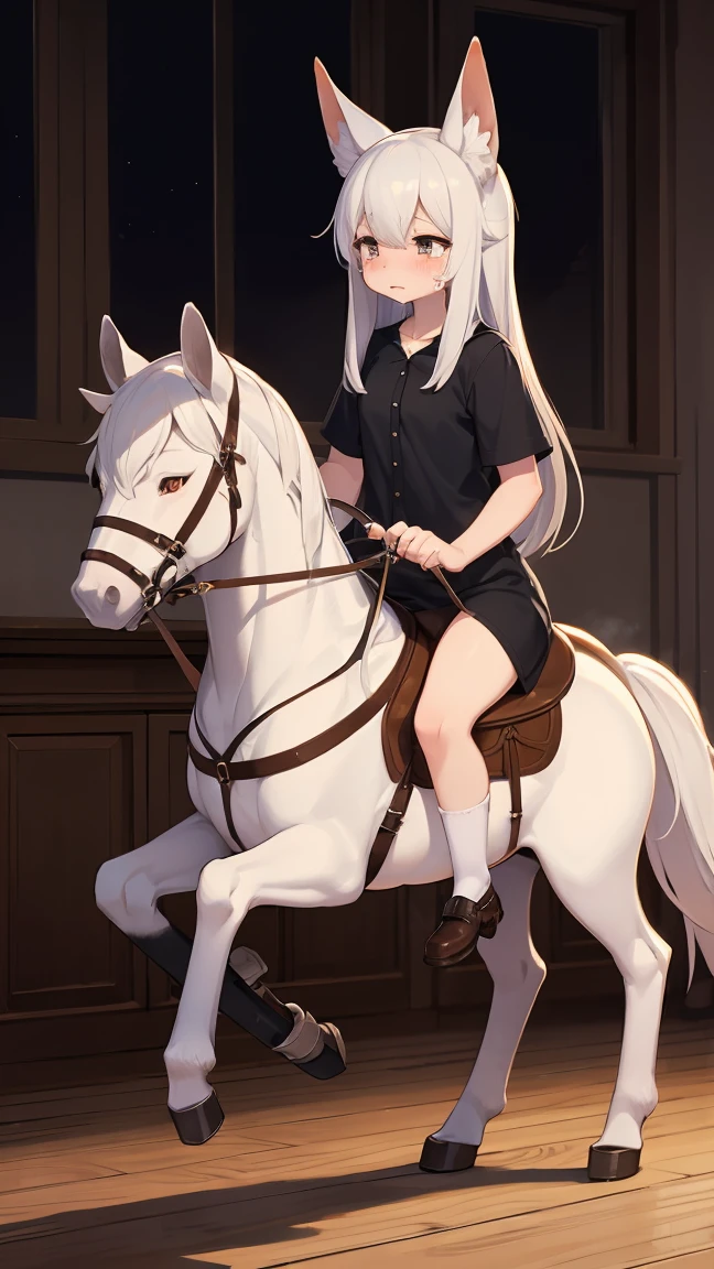 nsfw, 1 female fox, young, straight long white hair, riding on rocking horse, crying, brush, ambient light, full body, high quality, high-details, best quality, 