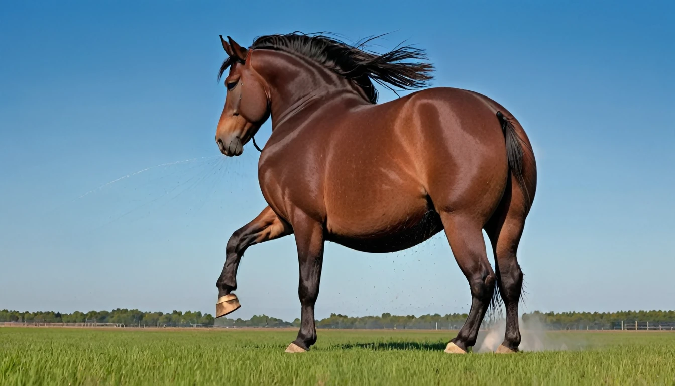big fat Belgian draft horse mare (side view). massive bum. very short tail. horse facing horizon . ((riding horse, very full figured, very dark skinned), BBW, nude African woman) flat grass meadow. steaming horse dung behind horse. cloudless blue sky.