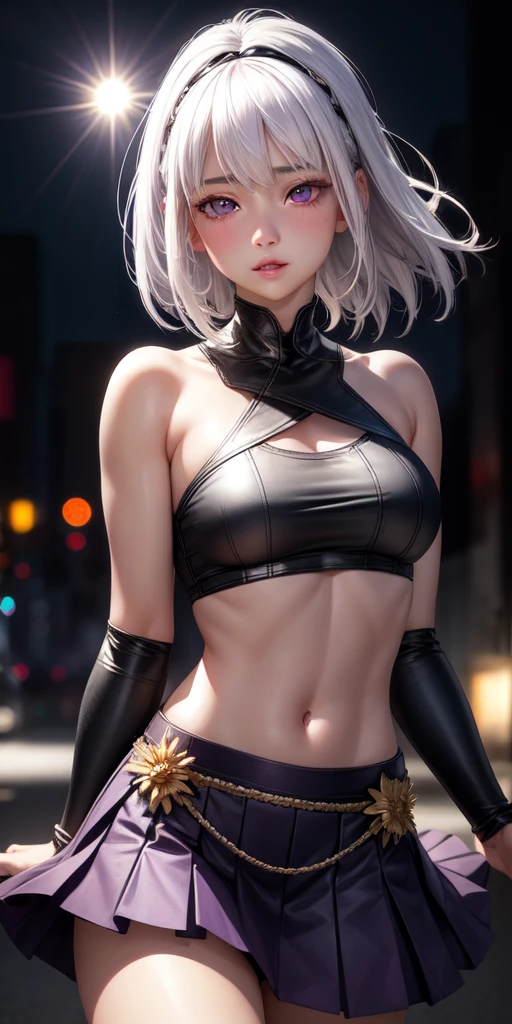 realistic, 1girl, white hair, purple eyes, glowing eyes, crop top, skirt, parted lips, blush, night, flowers, sun, sunlight,