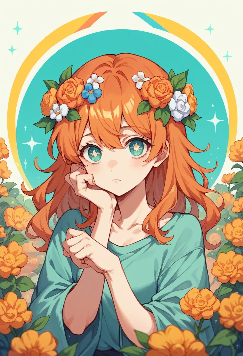 A woman with long orange hair is standing in the middle. Watching the viewer She has a flower crown in her hair Background々Surrounded by colorful flowers Anime Style Sparkling Eyes