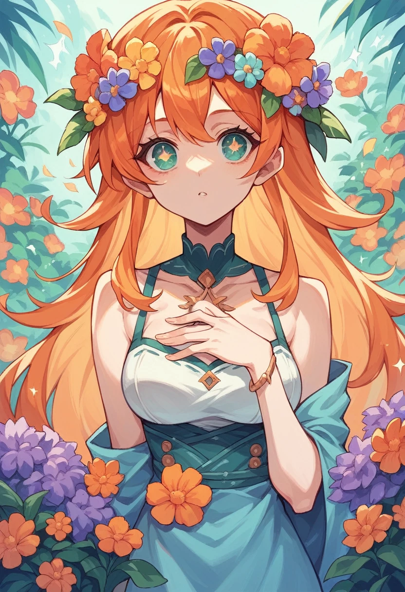 A woman with long orange hair is standing in the middle. Watching the viewer She has a flower crown in her hair Background々Surrounded by colorful flowers Anime Style Sparkling Eyes