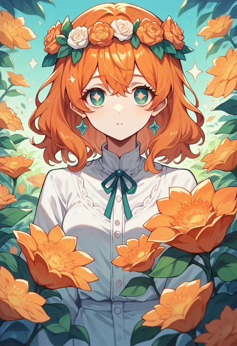 A woman with long orange hair is standing in the middle. Watching the viewer She has a flower crown in her hair Background々Surrounded by colorful flowers Anime Style Sparkling Eyes