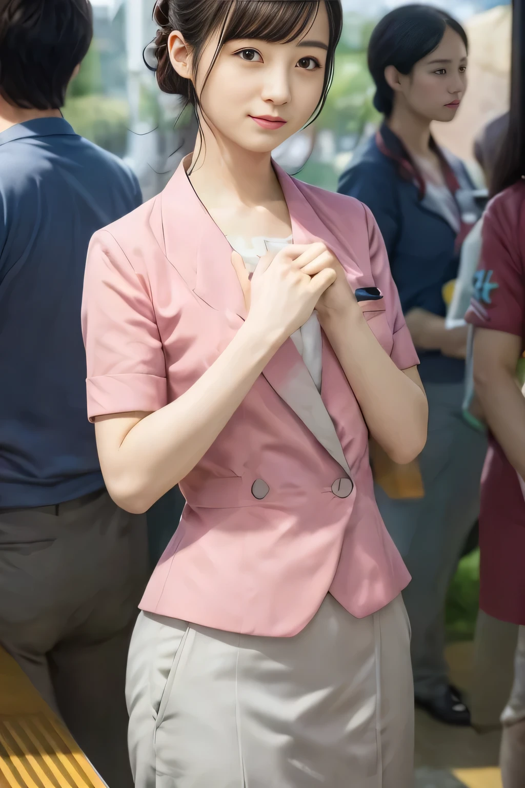 (masterpiece:1.2, Highest quality:1.2), 32k HDR, High resolution, (alone、1 girl)、（On the rooftop of a building in the daytime、Professional Lighting）、Building rooftop background、（Nankai train crew uniform pinkを着たリアルスタイル）、（Nankai train crew uniform pink short sleeve collarless pink jacket、Nankai Train Crew Uniform Pink Collarless Short Sleeve Blouse、Nankai Train Crew Uniform Pink Grey Knee-length Culottes）、（（The bottom of the pink short-sleeved jacket cannot be tucked into the clay-colored culottes.））、Dark brown hair、（Hair tied up、Hair Bun、Hair Bun）、Dark brown hair、Long Shot、Big Breasts、Thin legs、（（Great hands：2.0）），（（Harmonious body proportions：1.5）），（（Normal limbs：2.0）），（（Normal finger：2.0）），（（Delicate eyes：2.0）），（（Normal eyes：2.0））)、（Nankai Train Crew Uniform Pink Grey Knee-length Culottesを見せた美しい立ち姿）、smile