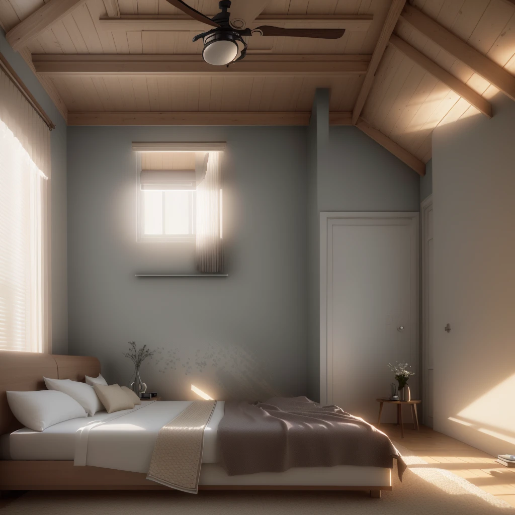 there is a bed in a room with a ceiling fan and a window, inside of a bedroom, serene bedroom setting, vray rendered, corona render, unreal 5 engine highlly render, render vray, render in vray, vray 8k render, unreal engine 5 highly rendered, rendered in vray, render in unreal engine 5, beautifully detailed render