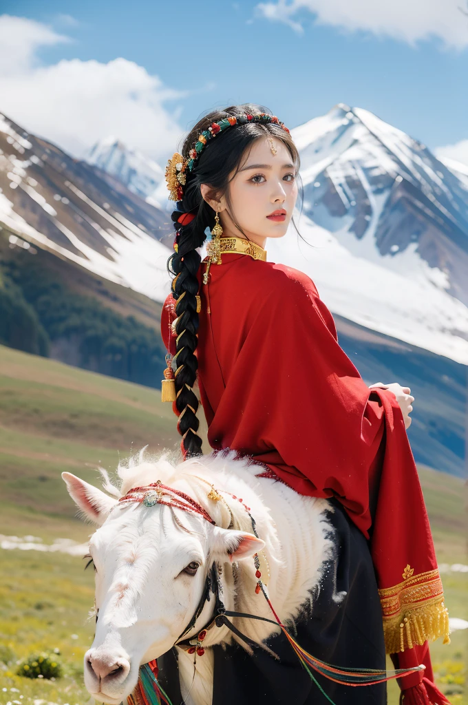 (((best quality))),(((ultra detailed))),(((masterpiece))),illustration,a beautiful Tibetan girl,solo,slim,earrings,necklace,Plush hat,parted red lips,snow-capped plateau,magnificent red traditional outfit,radiant smile,Standing by the roadside,vast verdant grasslands,majestic snow-capped peaks,striking appearance,dark almond-shaped eyes,sparkling with joy,long flowing black hair,intricate braids,colorful beads,jewelries,intricately woven ribbons,red rob embroidered with golden threads,Tibetan culture,lush green grasslands,serene ambiance,sheep and yaks grazing,crisp air,invigorating scent of the highland,beauty and resilience,pure bliss,upper body,from back
