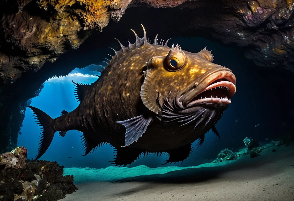 A giant cave-like mimic of an anglerfish、(The anglerfish's mouth is full of jewels, ornaments and treasures.:1.4)、(Treasure hunter divers approaching:1.2)、Reality、Fantasy、