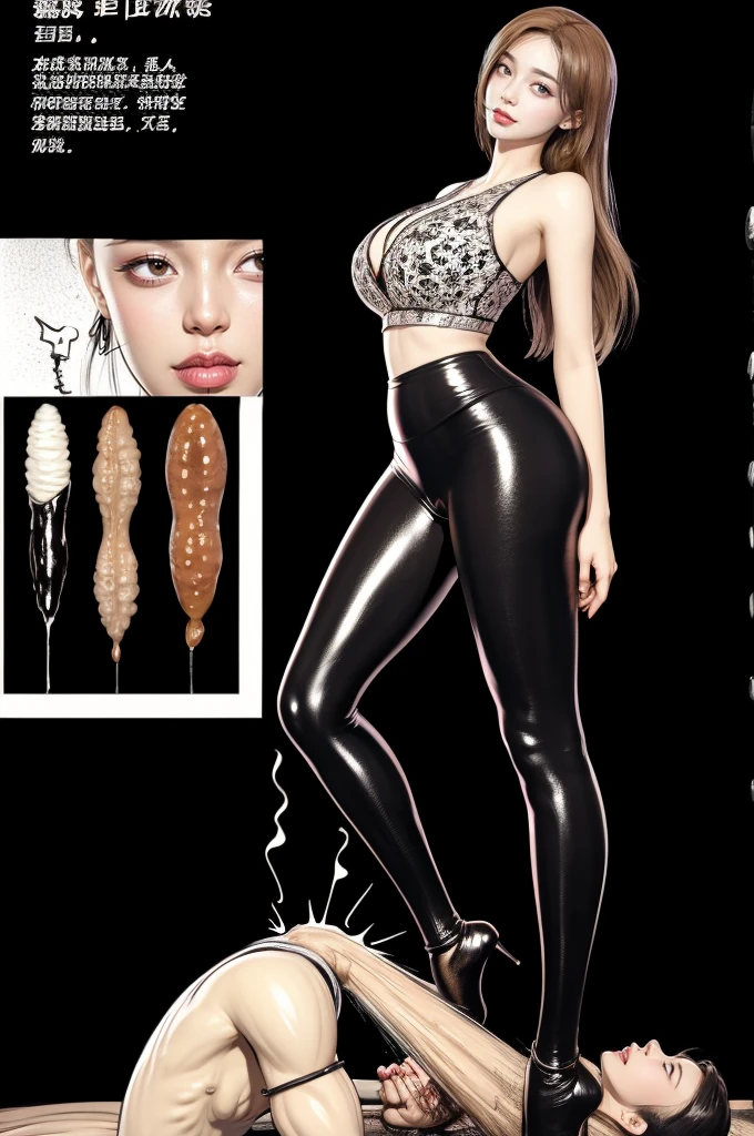 The beautiful girl in lace top and leggings is sitting astride a pile of skeletons in the center of the picture. She is holding a trembling sausage with juice squeezed out in her hand and smiling. There are multiple comic storyboards in the background,cbt, sausage bondage,sausage insertion,Sexy, trampling sausage with high heels heel,(masterpiece, best quality:1.2),1 beautiful girl,sexy,comic storyboard:2, leggings, sit astride, axially symmetrical:2, ,femdom,sounding,cbt,hold,smile,colorful,leggings,thin gap,cameltoe,insertion,trembling,juice,spray, Long hair,Lace top,Sexy, Shiny leggings, High heel,cleveage, trampling, in forest, saliva , Mucus