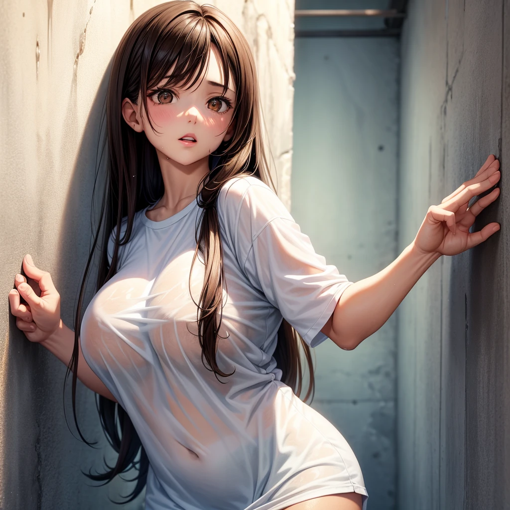 / Brown eyes, long dark hair, / big tits / wet white t-shirt / hard nippless / wall in the background