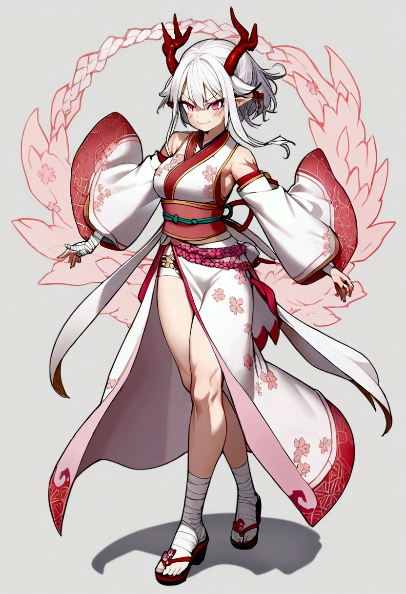 1 girl, cherry blossom dragon design, with muscles, white hair, with dragon horns, pink eyes, with braid on the right side, cherry blossom clothes, angry smile, scar on right cheek, bandages on the arms, full body, pink belt 