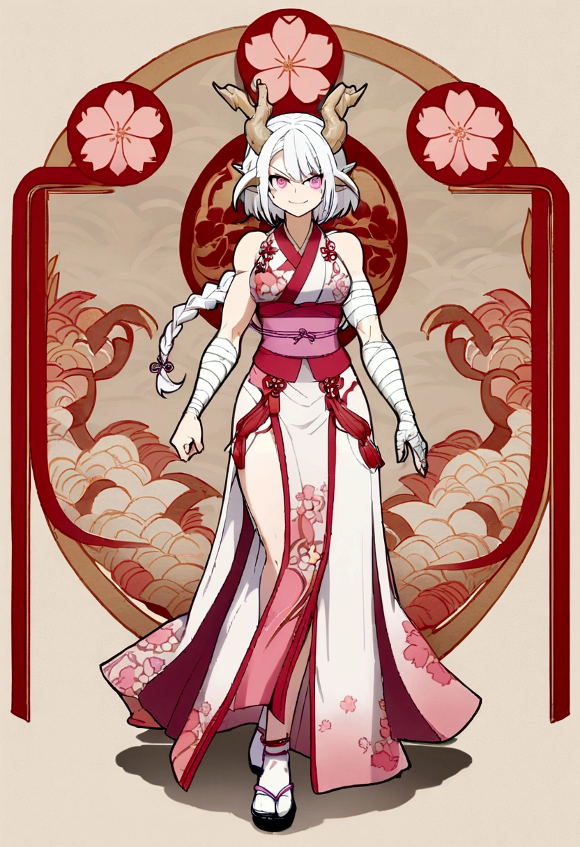 1 girl, cherry blossom dragon design, with muscles, white hair, with dragon horns, pink eyes, with braid on the right side, cherry blossom clothes, angry smile, scar on right cheek, bandages on the arms, full body, pink belt