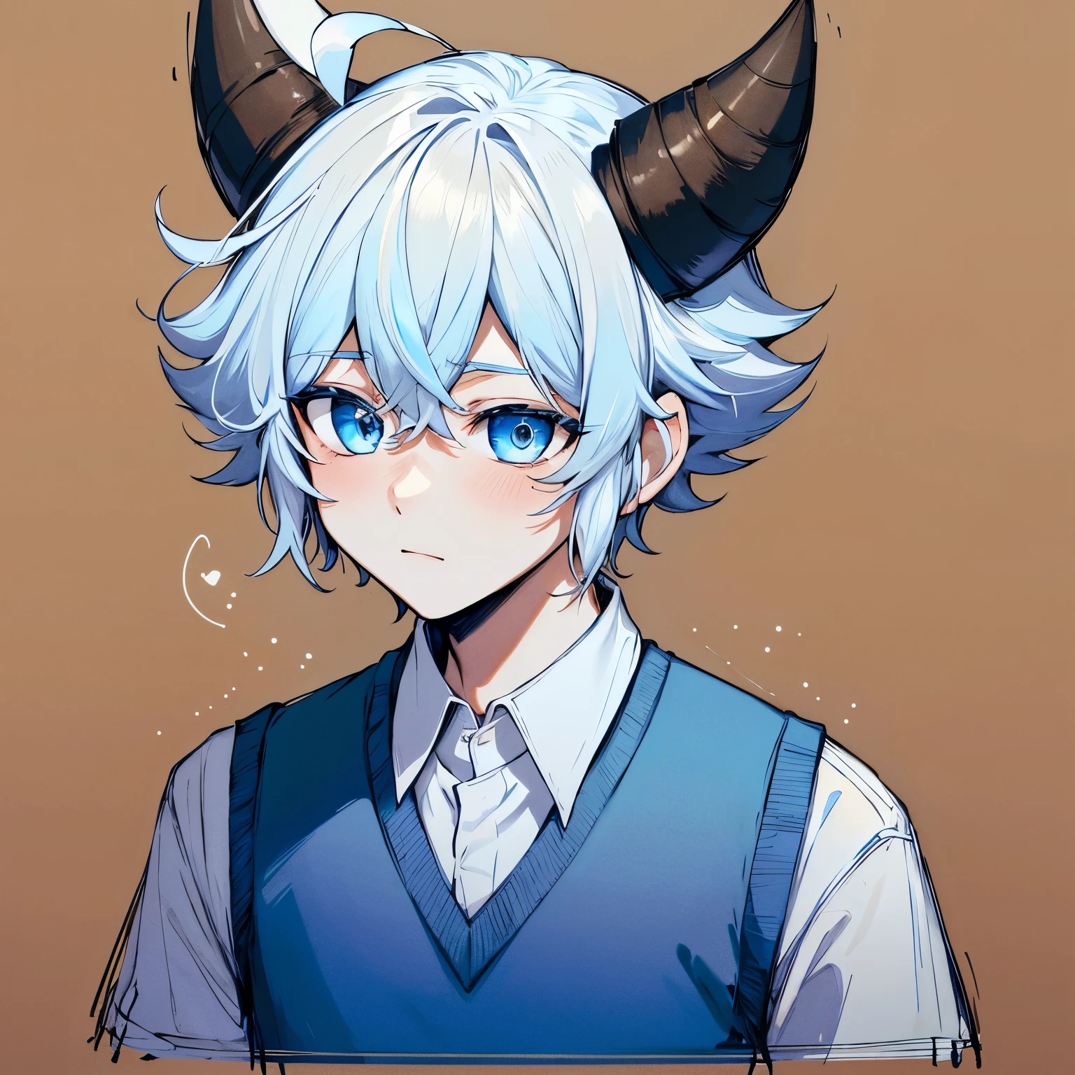 masterpiece, best quality, high resolution:1.4), Outline, monochrome, 1 boy, Solitary, Solitary focus, portrait, short hair, Blue and white hair color, Heterochromia, a yellow eye, One blue eye white shirt, Sweater vest, Brown shorts, Short sleeve, Simple background brown drooping horns straight