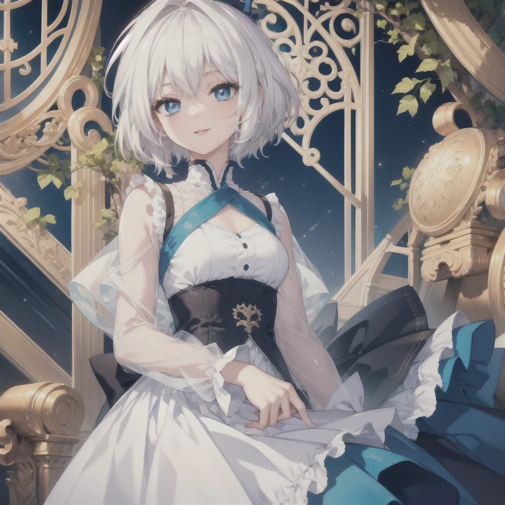 (masterpiece, Highest quality:1.2), One Girl, alone ((White Hair Short Hair blue eyes)) (smile)