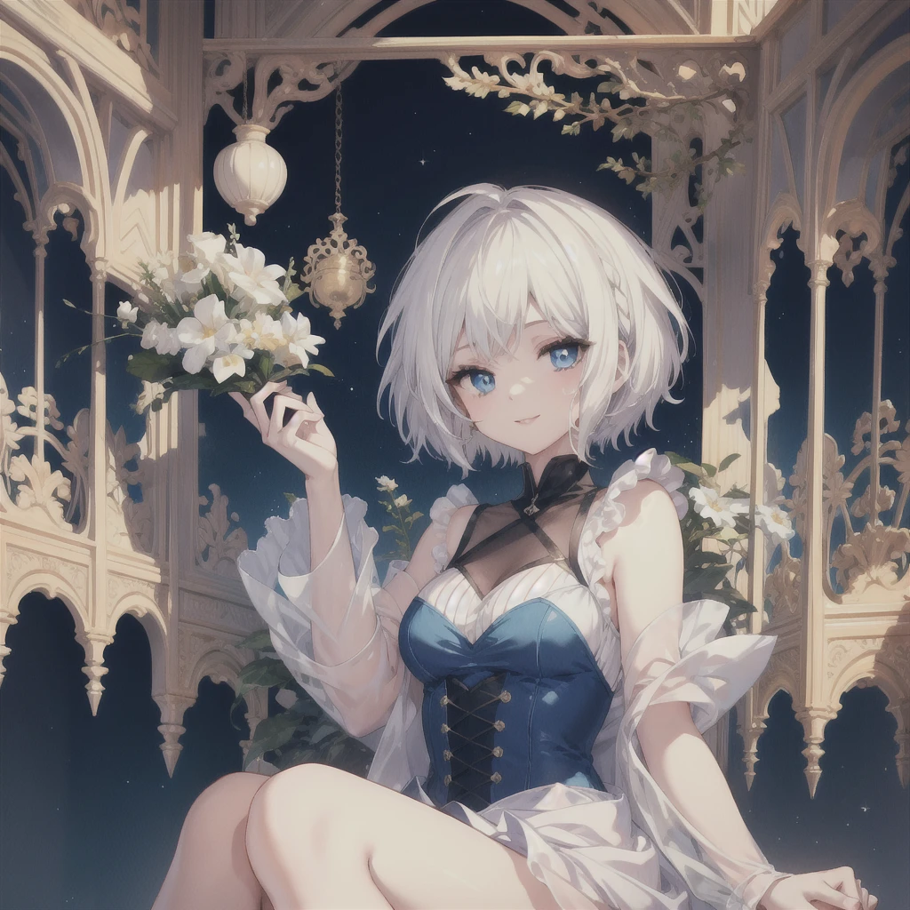 (masterpiece, Highest quality:1.2), One Girl, alone　((White Hair　Short Hair　blue eyes))　(smile)