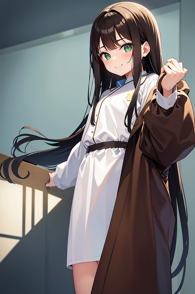 Please draw a high school girl with long brown hair.。Wearing a long-sleeved uniform。Standing with the whole body facing forward。The face is smiling with the mouth closed。Cat eyes and green eye color。Keep your arms hanging down at your sides。Please shoot from the head to the upper body。No pose needed。Plain white background、Remove light and shadow effects。