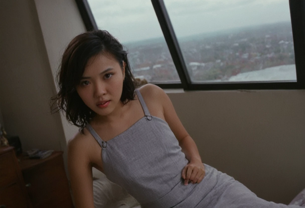 cinematic film still of  Dutch Angle Style,Dutch tilt Style,canted angle Style,or oblique angle Style,cinematic film look,dramatic light , rotated view, young asian female model, perfect body, sleeveless dress, bedroom, desk, messy room, realistic, looking at viewer, window, pretty, arms behind back, from above, stormy sky, dim light at cozy bedroom,, (masterpiece, best quality, very aesthetic, ultra detailed), intricate details,
