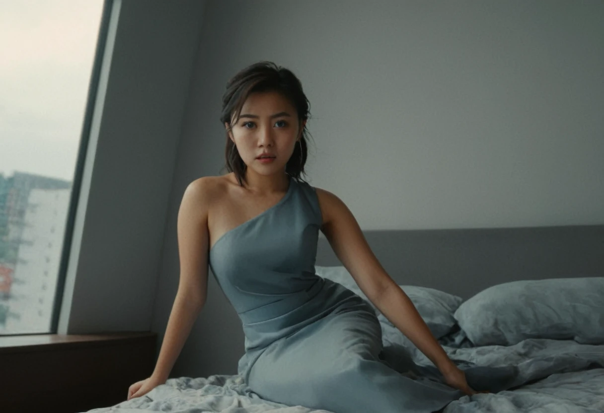 cinematic film still of  Dutch Angle Style,Dutch tilt Style,canted angle Style,or oblique angle Style,cinematic film look,dramatic light , rotated view, young asian female model, perfect body, sleeveless dress, bedroom, desk, messy room, realistic, looking at viewer, window, pretty, arms behind back, from above, stormy sky, dim light at cozy bedroom,, (masterpiece, best quality, very aesthetic, ultra detailed), intricate details,
