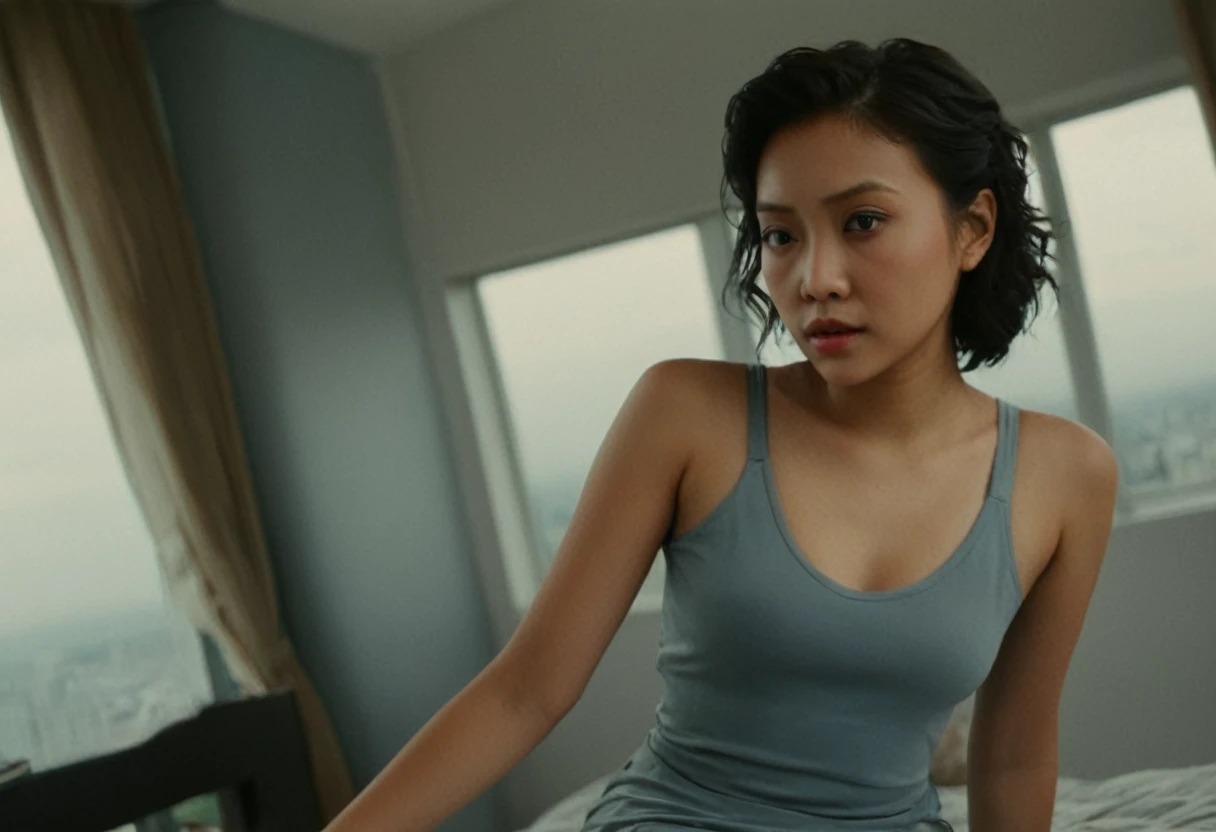 cinematic film still of  Dutch Angle Style,Dutch tilt Style,canted angle Style,or oblique angle Style,cinematic film look,dramatic light , rotated view, young asian female model, perfect body, sleeveless dress, bedroom, desk, messy room, realistic, looking at viewer, window, pretty, arms behind back, from above, stormy sky, dim light at cozy bedroom,, (masterpiece, best quality, very aesthetic, ultra detailed), intricate details,
