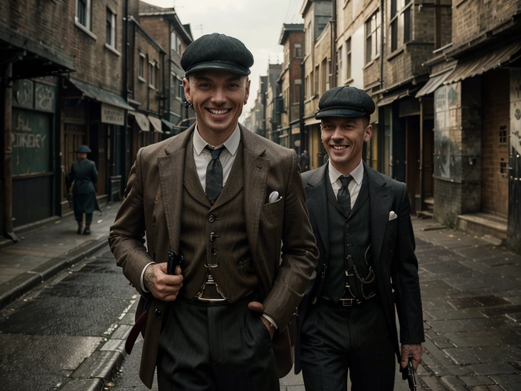 photo of (TCr3ws:1), a man as a Peaky blinder, (laughing with bare teeth:1.3), (face focus), modelshoot style, (extremely detailed CG unity 8k wallpaper), Intricate, High Detail, Sharp focus, dramatic, photorealistic painting art by midjourney and greg rutkowski , (walking on the slums of London), (wearing a peaked cap:1.1), (detailed pupils:1.2), (dinamic pose:1.2), (Peaky Blinders:1.2), (holstered gun), (hands on hips:1.2), (closeup:1.1)
