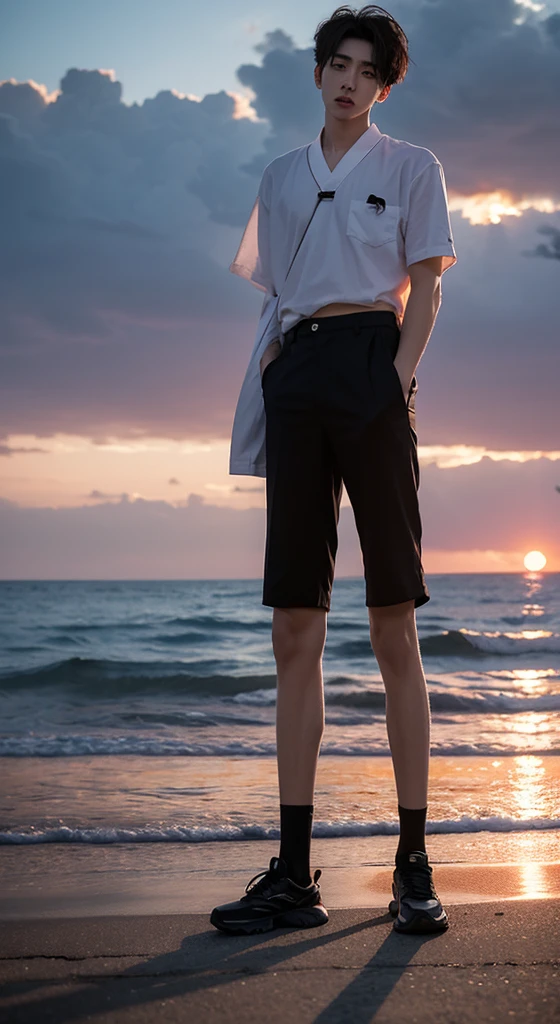 There was a man standing at the sunset, cai xukun, Black shorts,black trousers and sunset, short hair, Jung Jae Hyun, very handsome man, With the sunset, realistic man,, author:Yang J, guweiz style artwork