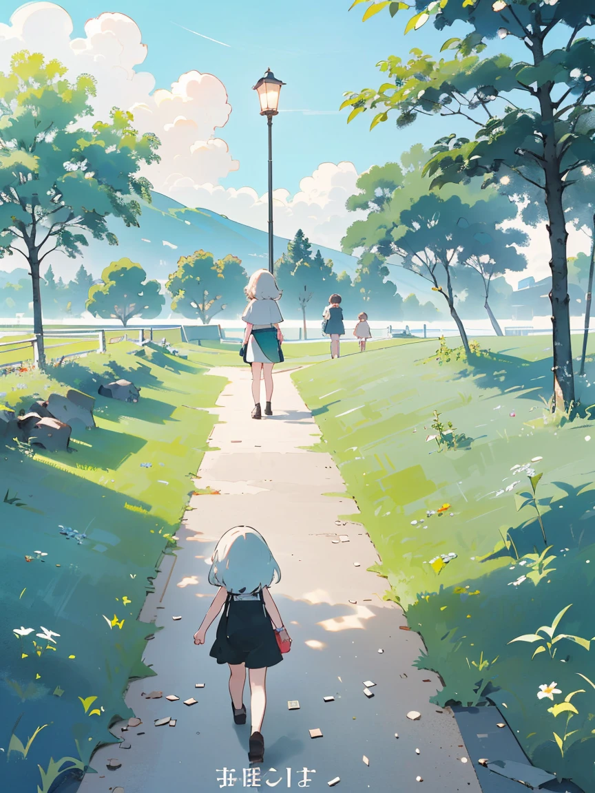 ((A group of girls walk away in a row))，(Play in the fields, ricefield, cute girls), Ghibli background style, Yuru Chara style，cute storybook illustration, , gentlesoftlighting, cream, Giorgio Morandi Colors, thick line graph, full-colour illustration, forest picnic, cover illustration, scenecy，trucks，grassy fields，grassy，a plant，dabai style, (lamplight:1.0)，tmasterpiece，Best quality at best,