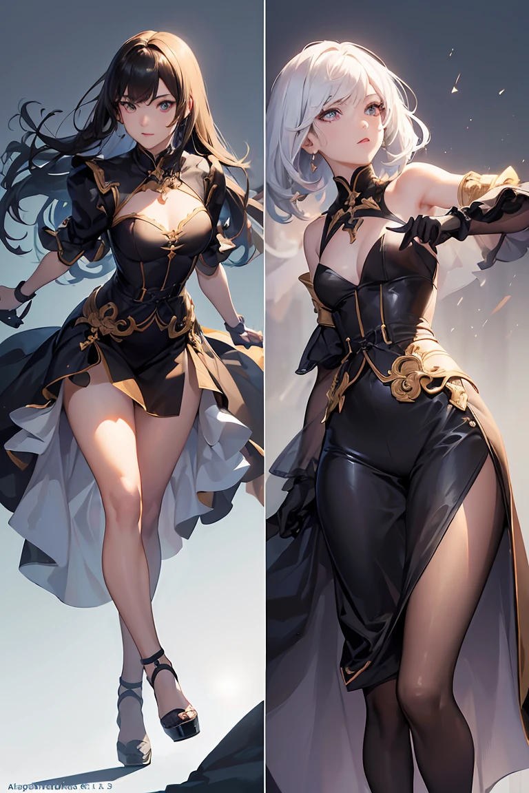 a cut girl and a handsome boy, with sort hair, Back to Back, full-body, clean background, full body shot:1.2, Detailed face, detailed eyes, detailed nose, detailed mouth,((UHD,masterpiece,super detail,award winning:1.4,best quality:1.2,highres,high quality))
