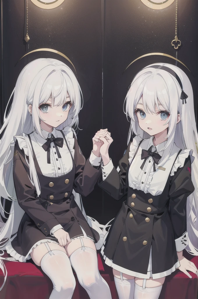 ,twins,white hair,stockings,mature female,