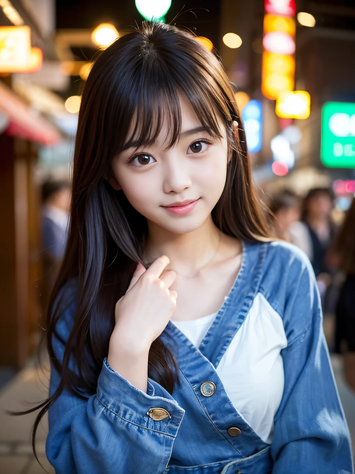 (Best-quality, Masterpiece, Ultra-High-Resolution, (Photorealistic:1.4), Raw Photo, depth of field, professional lighting, perfect anatomy, extremely details), 1girl, 15-years-old, the most famous Japanese idol, cowboy shot, dynamic pose, looking at viewer, innocent smile, having fun at Japanese-IZAKAYA, (extremely cute face like the most popular Japanese idol, ((extremely cute and extremely big eyes)), extremely realistic hair, extremely beautiful and extremely realistic skins), extremely cute long-eyelashes, extremely cute lips