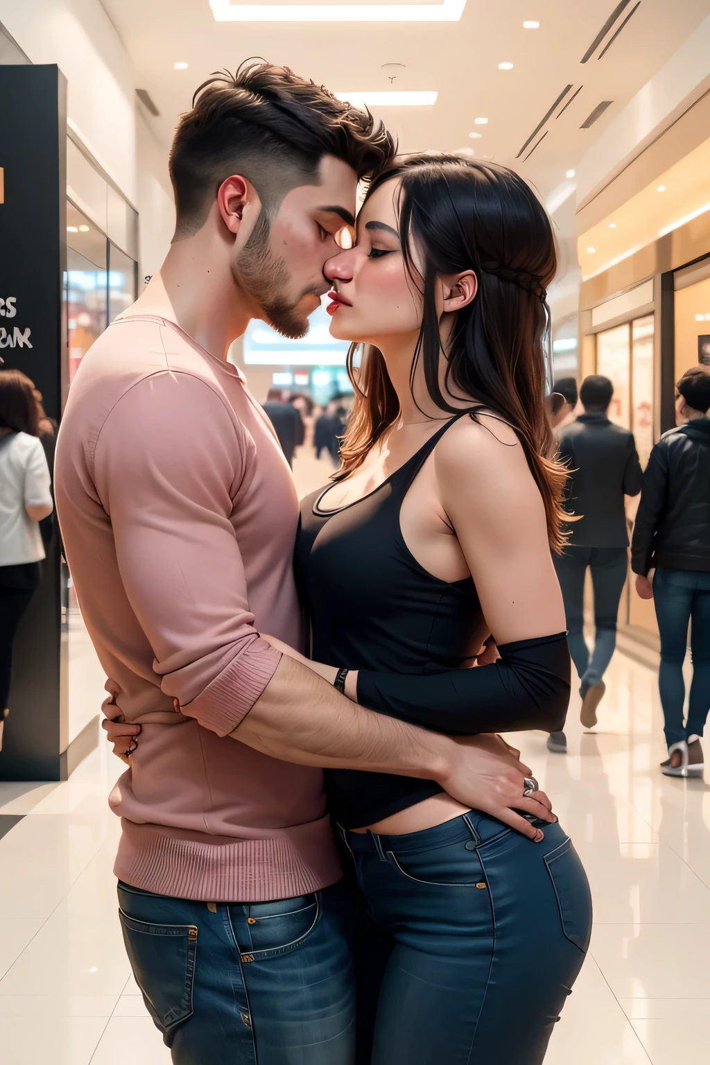 Amazing portrait of a man wearing pink long sleeved sweater and jeans kissing a sexy woman wearing a black tank top and leopard print shrug and black baggy pants in the mall