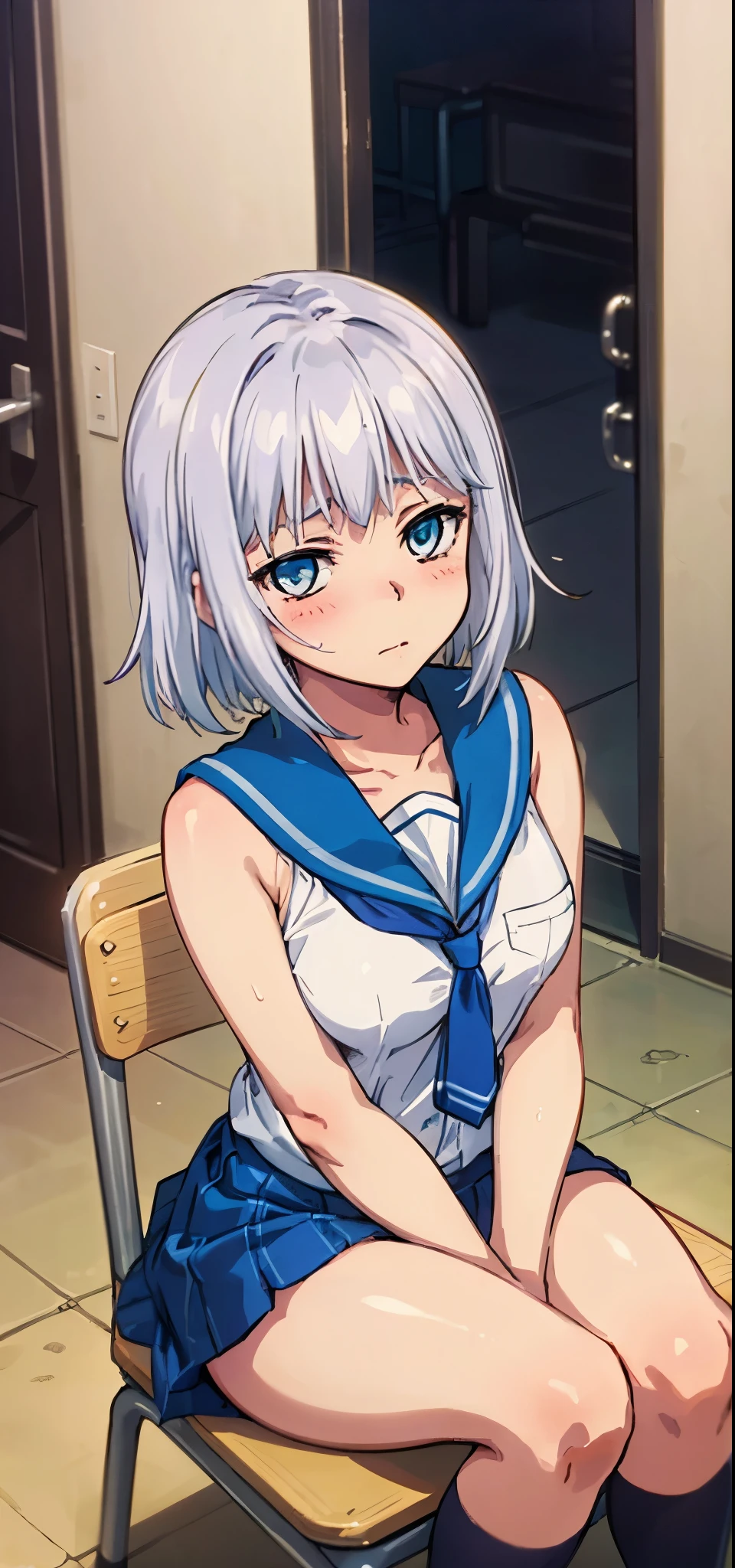 1 girl, kanon kanase, blush, medium breasts, sleeveless,((( school uniform))), 20-year-old, healthy skin, closed mouth, (indoors), detailed eyes. Sitting.