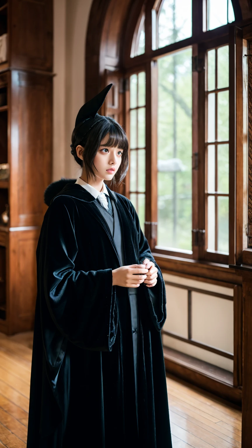 Cat-eared Wizard Girl、Dressed in a black robe、Wizard's wand、Real Video、Long Angle、forest