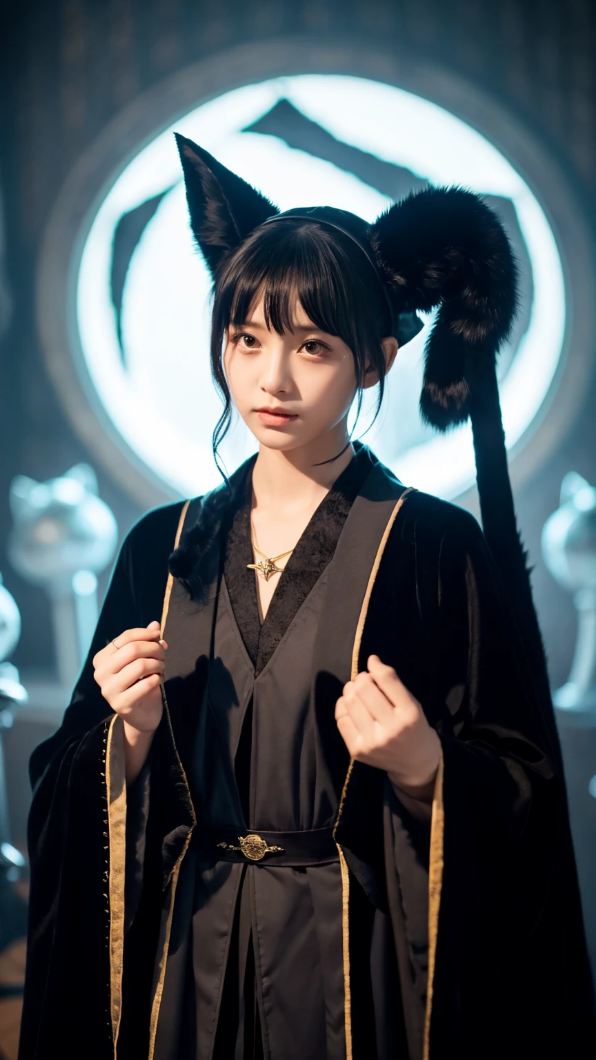 Cat-eared Wizard Girl、Dressed in a black robe、Wizard's wand、Real Video、Long Angle、forest