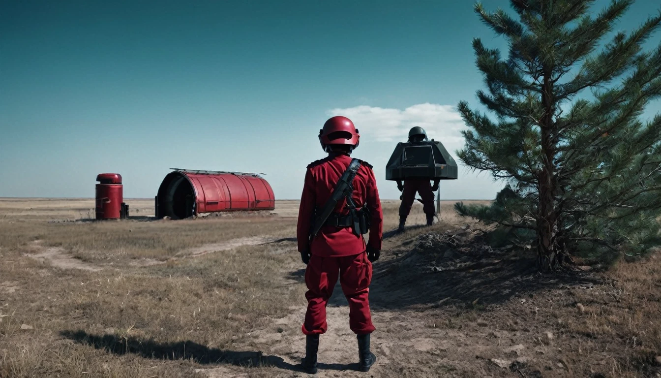 Soldiers in a dark red military uniform in a futuristic helmet near a military post in the middle of the steppe with some pine trees and a little drought, dark atmosphere